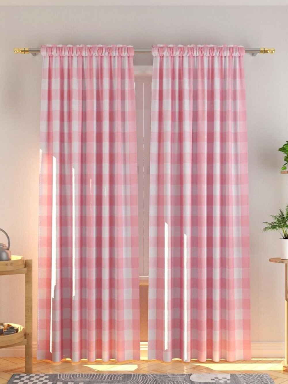 Cotton Curtains Pink and White Buffalo Gingham Check Curtain Panels 95 inches Lo